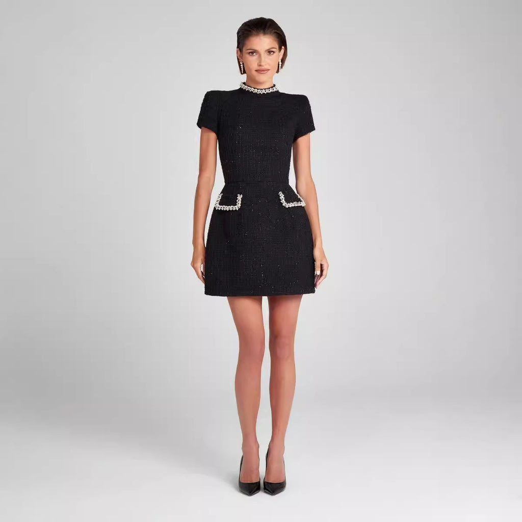 Slim Fit Slimming Round Neck Beaded Classic Style Dress-HighTouch