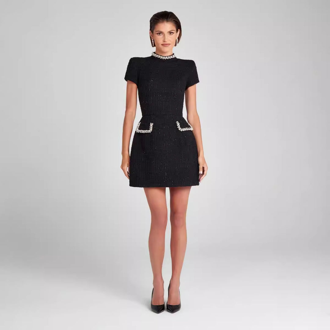 Slim Fit Slimming Round Neck Beaded Classic Style Dress-HighTouch