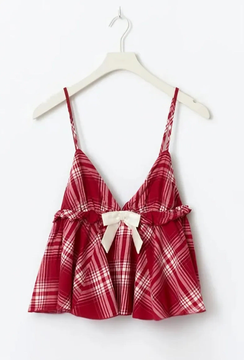 New Women's Clothing Comfortable And Casual Plaid Design With Bow Decoration, Sexy Vintage Camisole-HighTouch