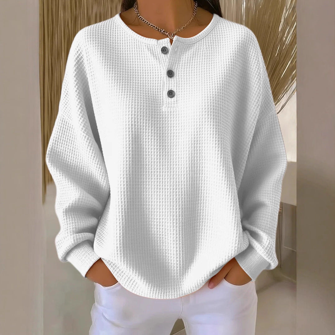 Waffle Knit Long Sleeve Button Top-HighTouch
