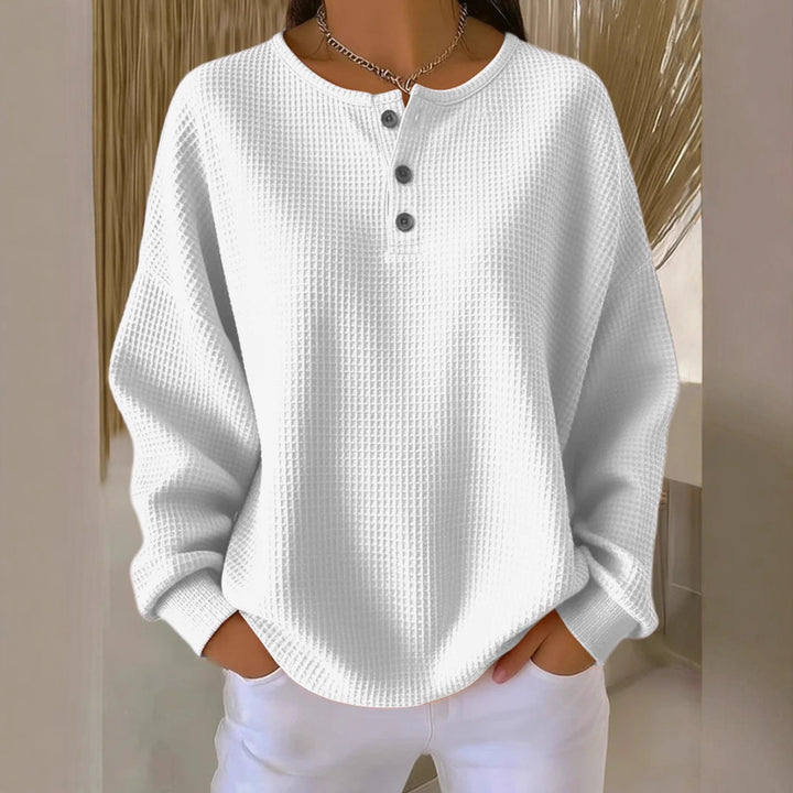 Waffle Knit Long Sleeve Button Top-HighTouch