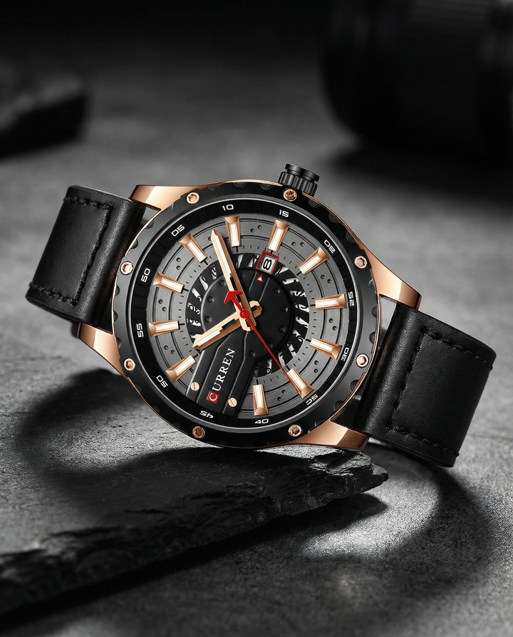 Men's Leather Strap Metal Case Watch | Classic Analog Quartz Timepiece