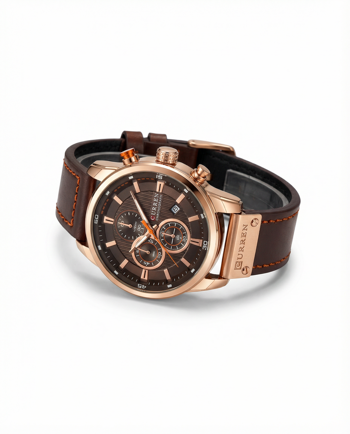 Men's Copper Chronograph Leather Watch | Luxury Analog Quartz Watch