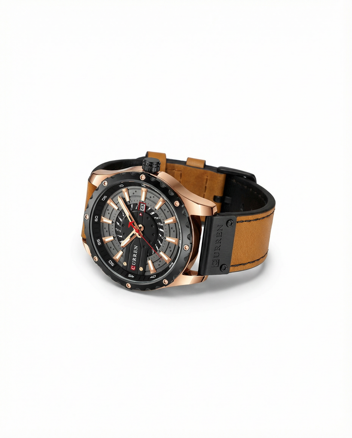 Men's Leather Strap Metal Case Watch | Classic Analog Quartz Timepiece