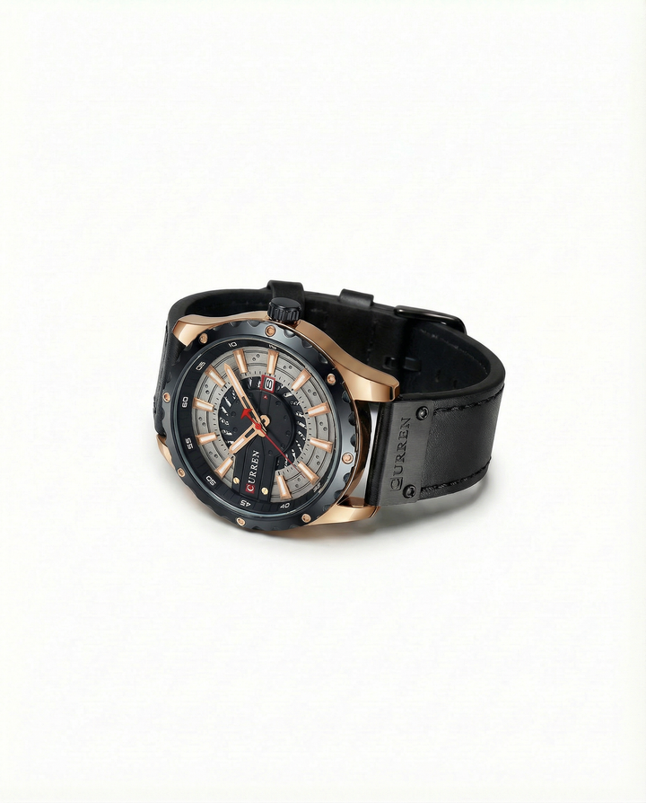 Men's Leather Strap Metal Case Watch | Classic Analog Quartz Timepiece