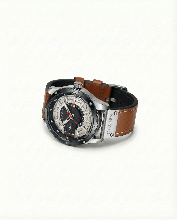 Men's Leather Strap Metal Case Watch | Classic Analog Quartz Timepiece