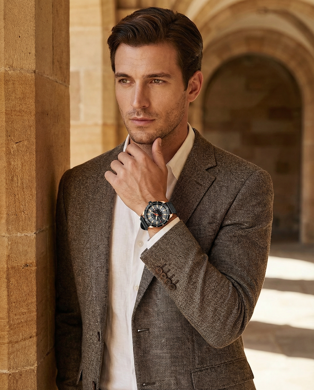Men's Leather Strap Metal Case Watch | Classic Analog Quartz Timepiece