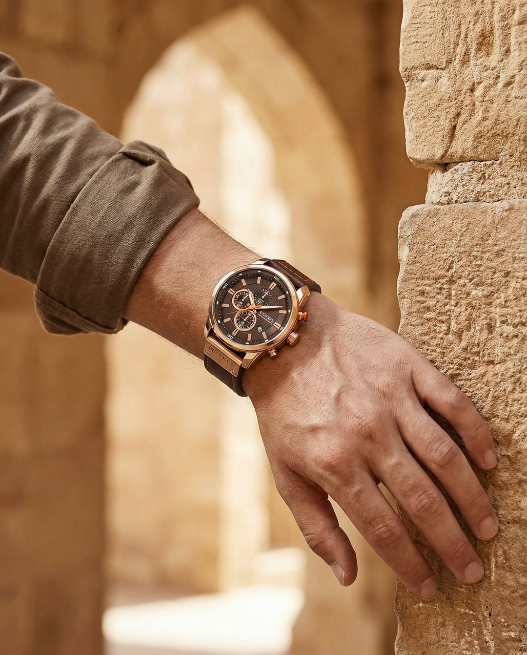 Men's Copper Chronograph Leather Watch | Luxury Analog Quartz Watch