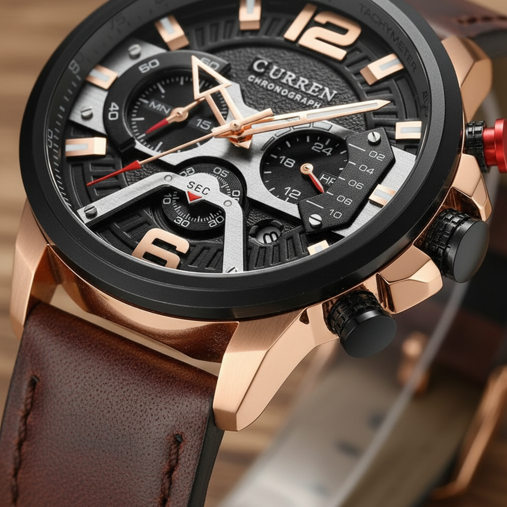 Men's Wood & Steel Chronograph Watch | Luxury Quartz Wristwatch