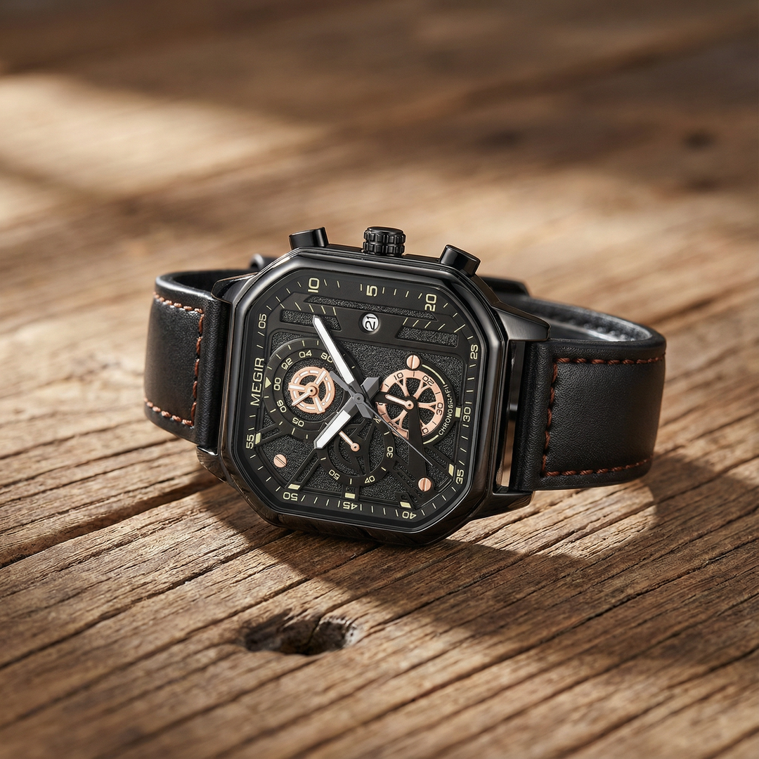 Men's Chronograph Leather Watch | Classic Analog Quartz Wristwatch