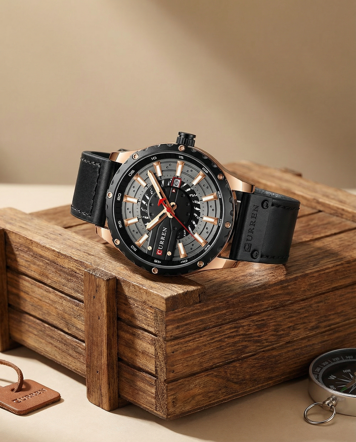 Men's Leather Strap Metal Case Watch | Classic Analog Quartz Timepiece
