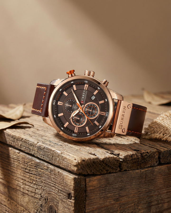Men's Copper Chronograph Leather Watch | Luxury Analog Quartz Watch