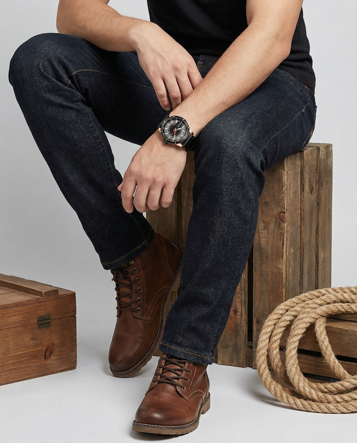 Men's Leather Strap Metal Case Watch | Classic Analog Quartz Timepiece