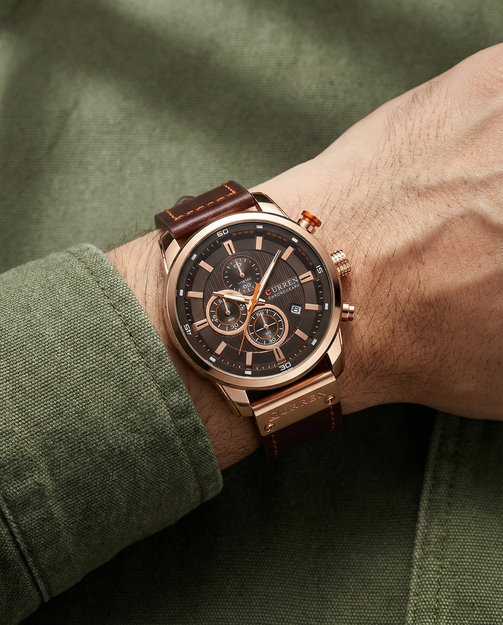 Men's Copper Chronograph Leather Watch | Luxury Analog Quartz Watch