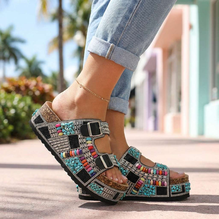 Samantha Beaded Platform Slides - Multi-Strap Buckle Sandal