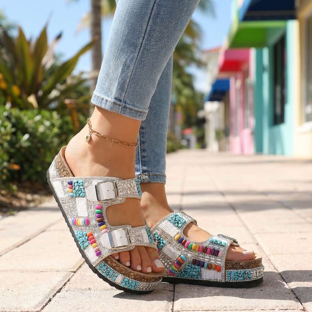 Samantha Beaded Platform Slides - Multi-Strap Buckle Sandal