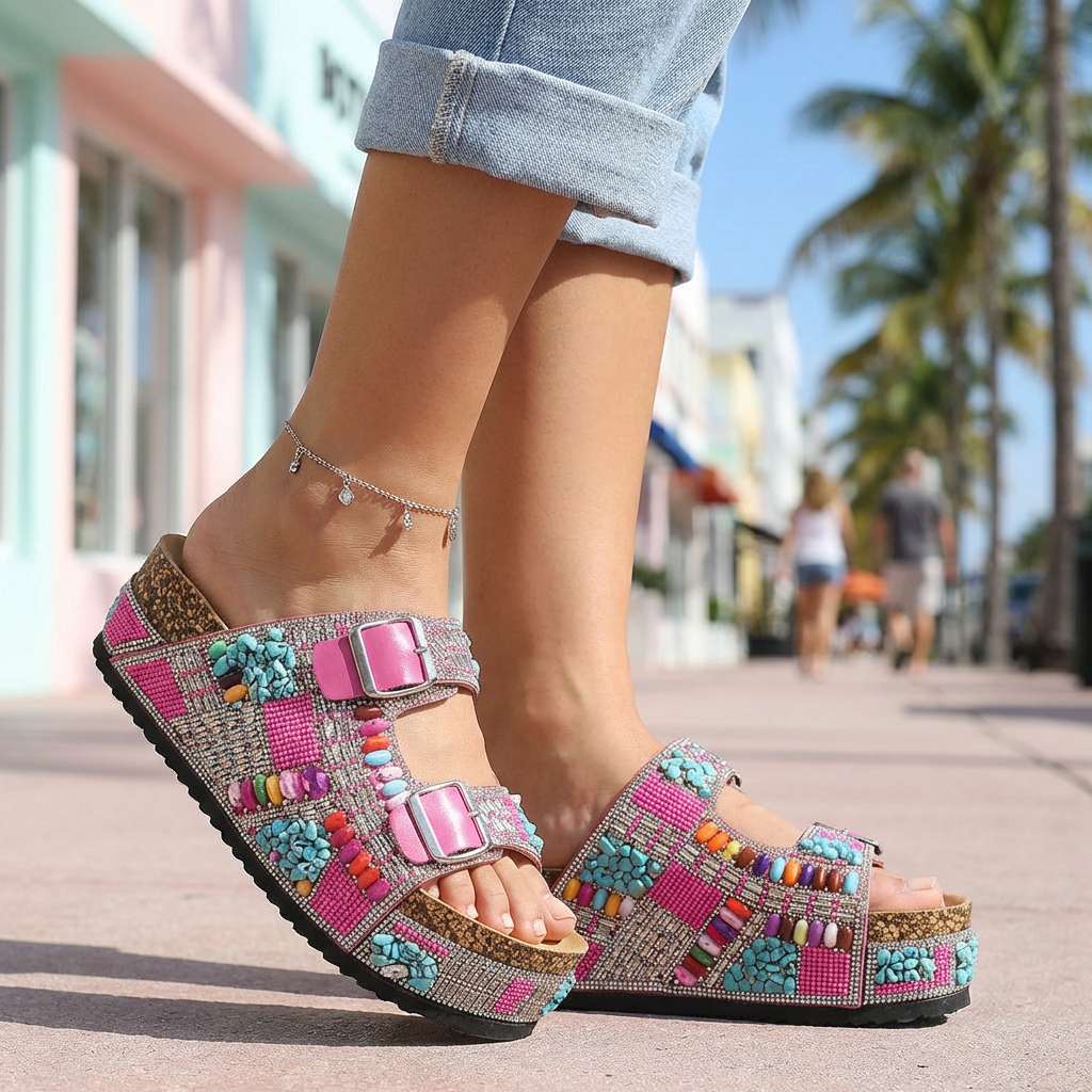 Samantha Beaded Platform Slides - Multi-Strap Buckle Sandal