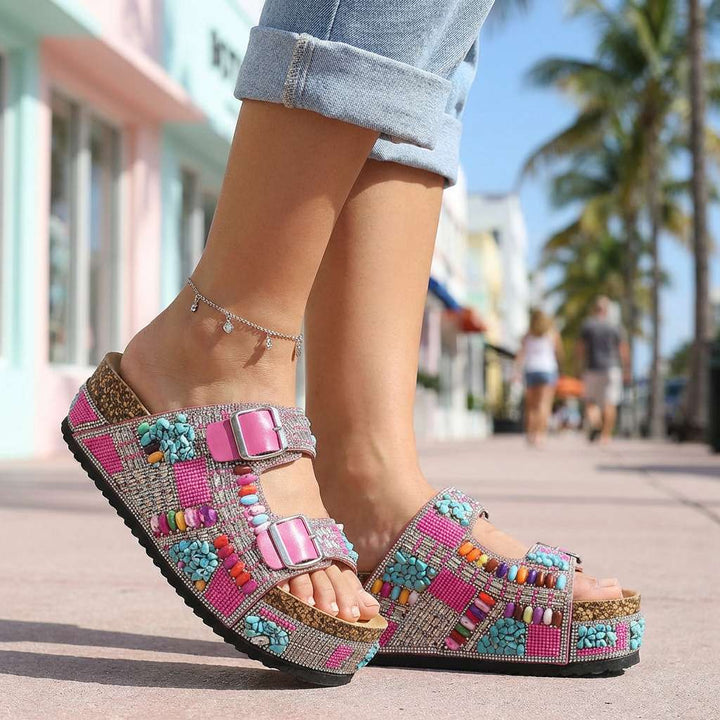 Samantha Beaded Platform Slides - Multi-Strap Buckle Sandal