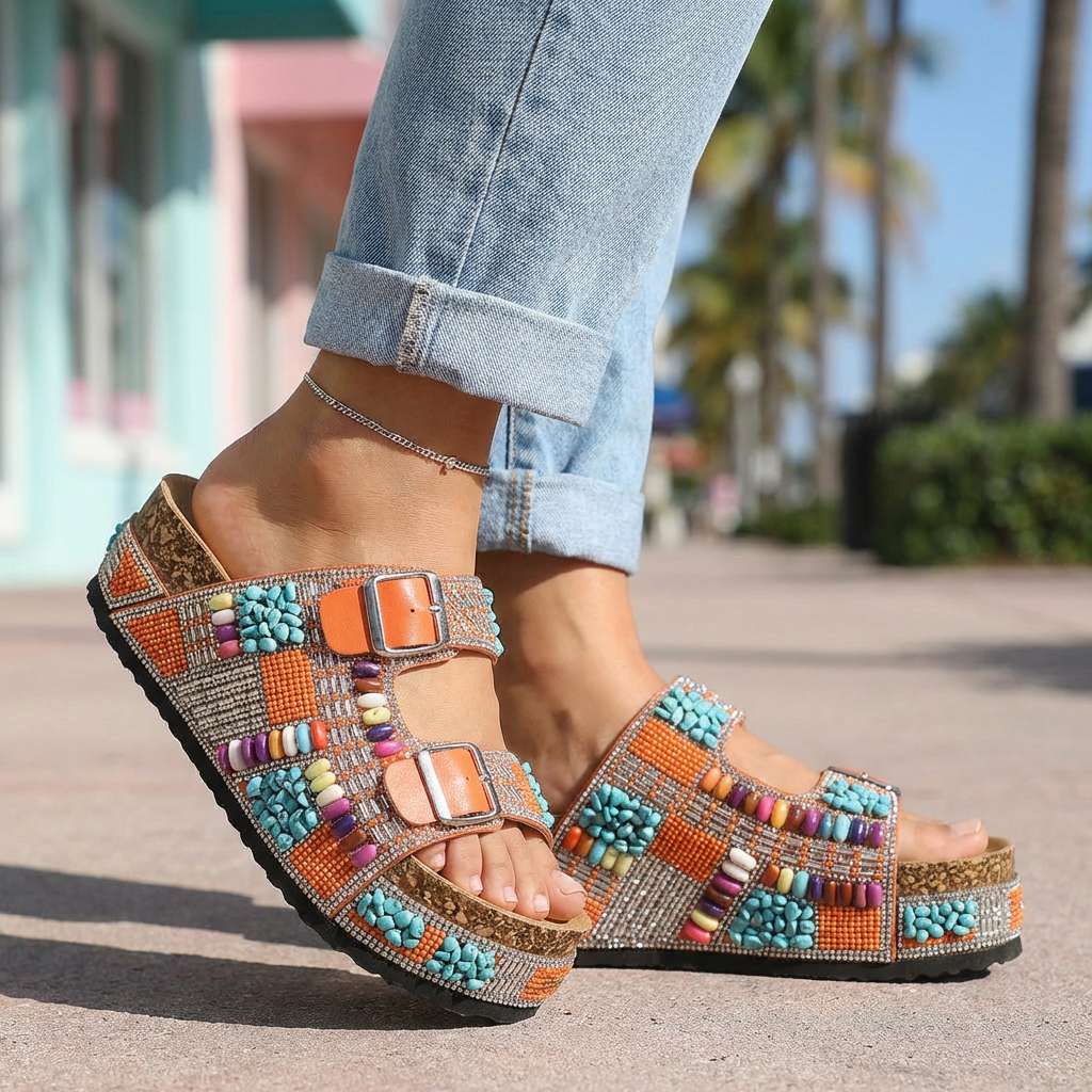 Samantha Beaded Platform Slides - Multi-Strap Buckle Sandal