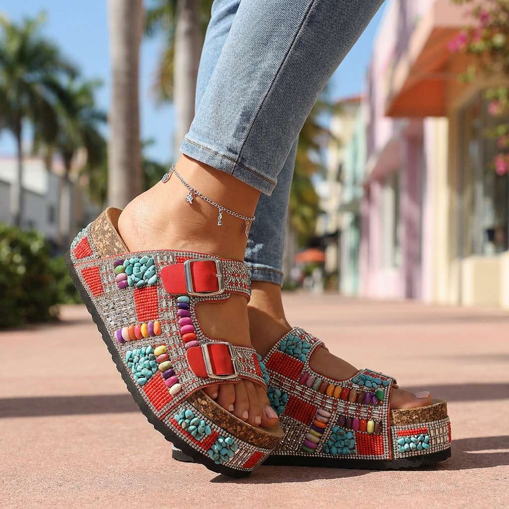 Samantha Beaded Platform Slides - Multi-Strap Buckle Sandal