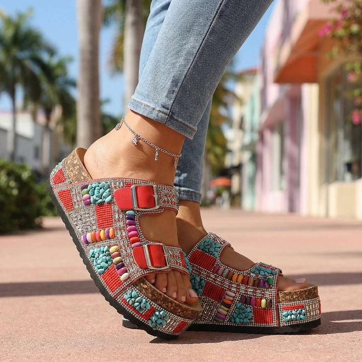 Samantha Beaded Platform Slides - Multi-Strap Buckle Sandal