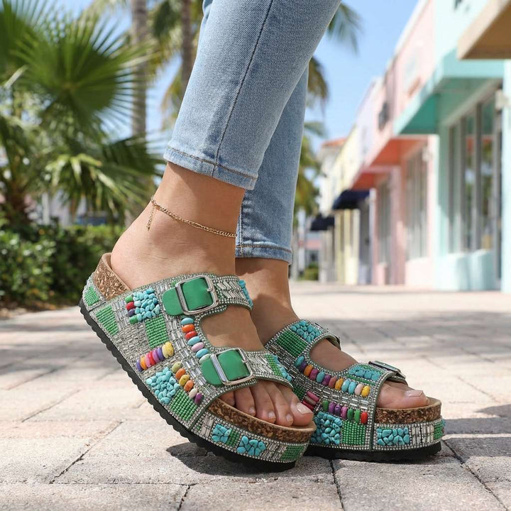 Samantha Beaded Platform Slides - Multi-Strap Buckle Sandal