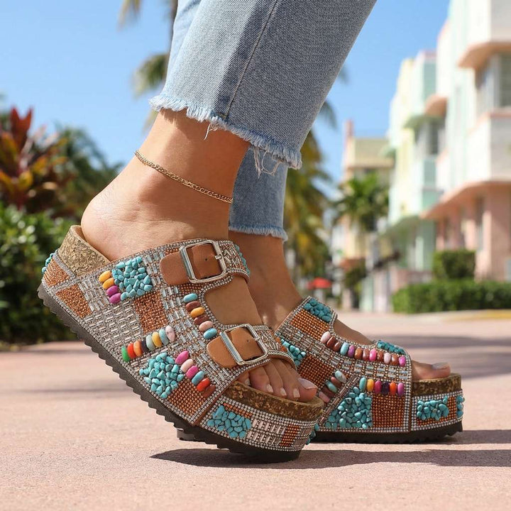 Samantha Beaded Platform Slides - Multi-Strap Buckle Sandal
