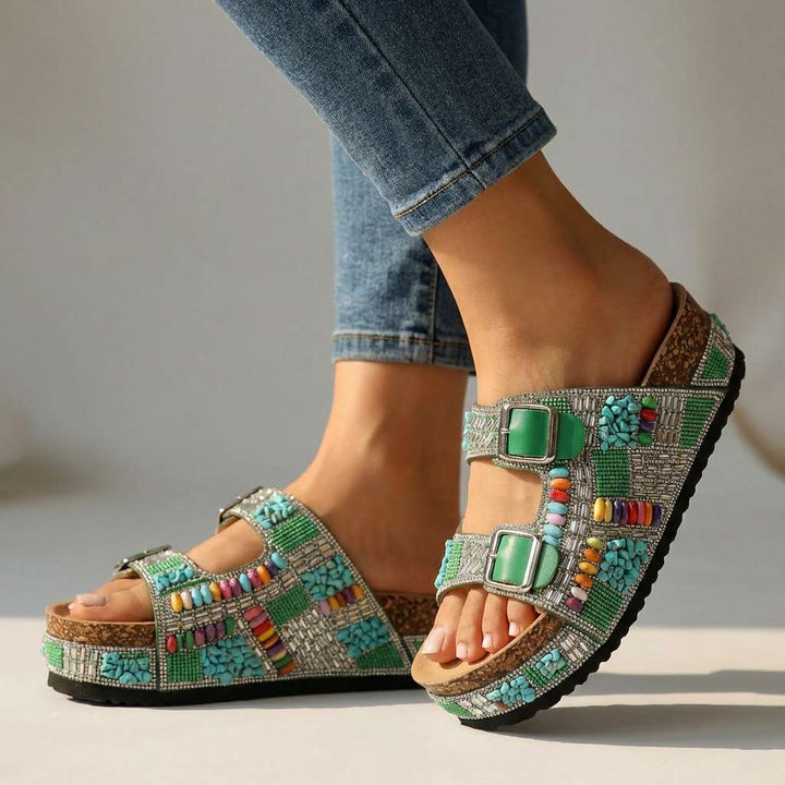 Samantha Beaded Platform Slides - Multi-Strap Buckle Sandal