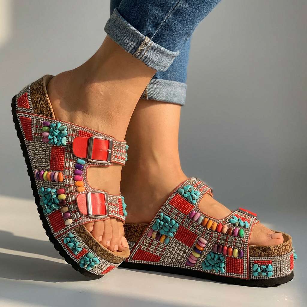 Samantha Beaded Platform Slides - Multi-Strap Buckle Sandal