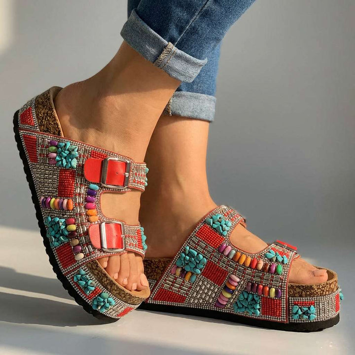 Samantha Beaded Platform Slides - Multi-Strap Buckle Sandal