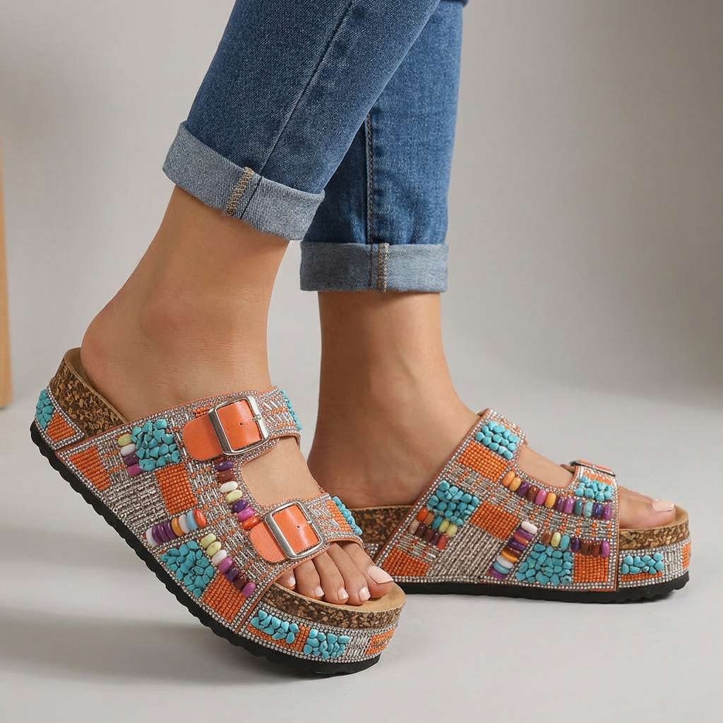 Samantha Beaded Platform Slides - Multi-Strap Buckle Sandal