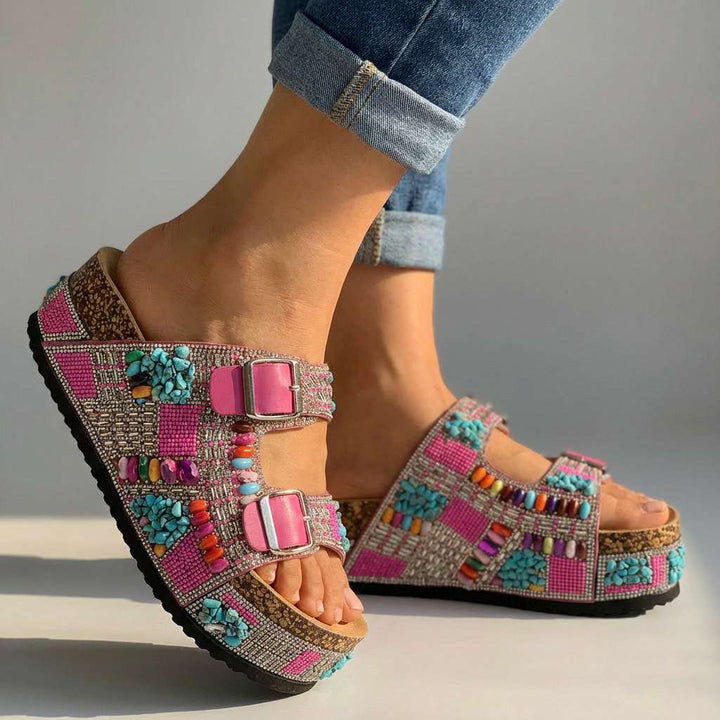 Samantha Beaded Platform Slides - Multi-Strap Buckle Sandal