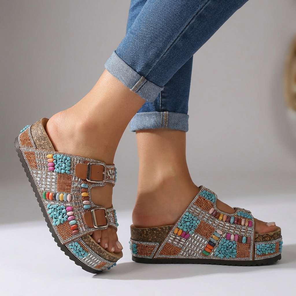 Samantha Beaded Platform Slides - Multi-Strap Buckle Sandal
