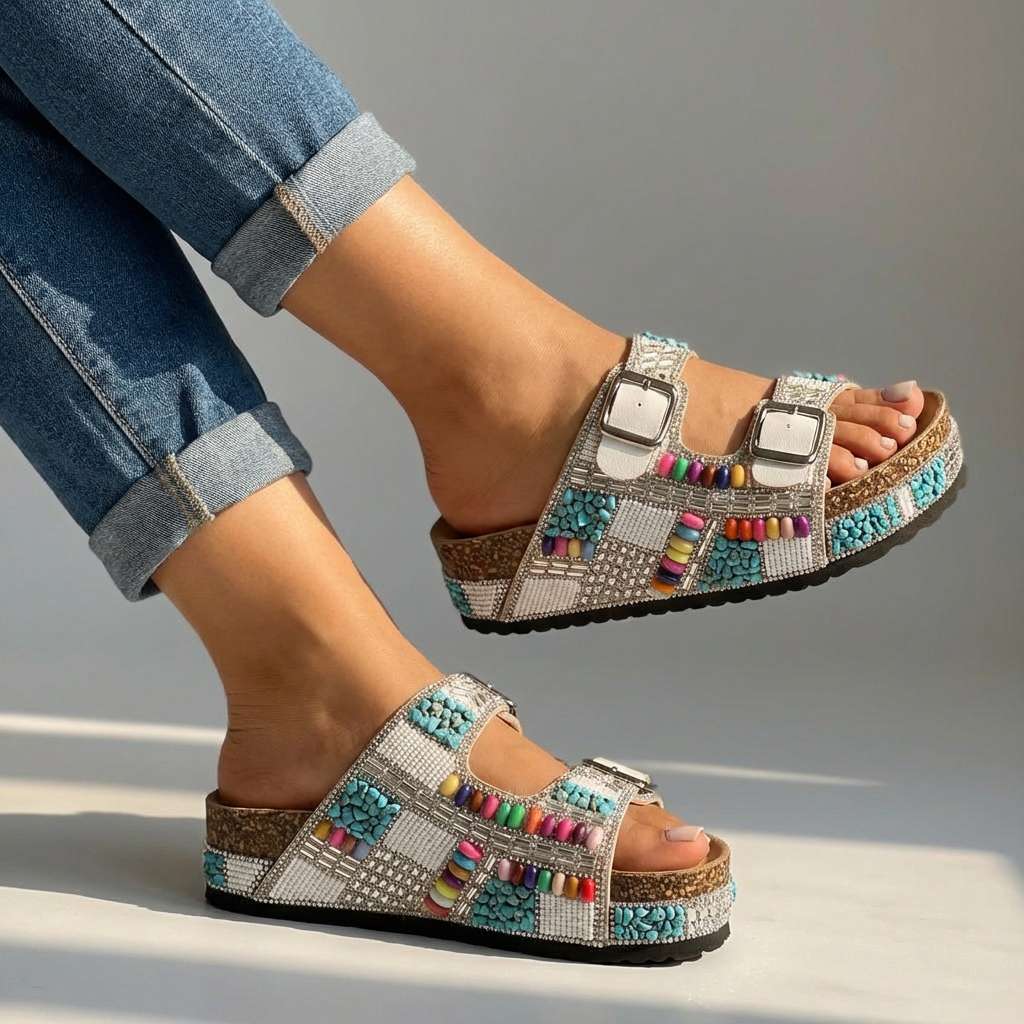 Samantha Beaded Platform Slides - Multi-Strap Buckle Sandal