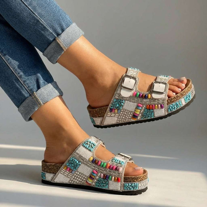 Samantha Beaded Platform Slides - Multi-Strap Buckle Sandal
