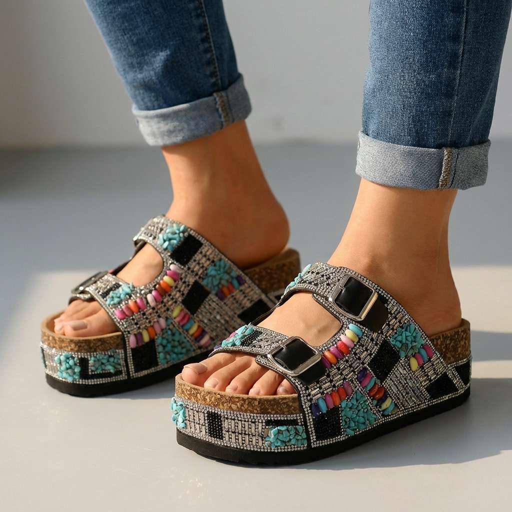Samantha Beaded Platform Slides - Multi-Strap Buckle Sandal