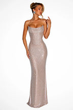 Gaia Crystal Cowl Gown Strapless Floor Length Maxi Dress With Crystal Embellishments