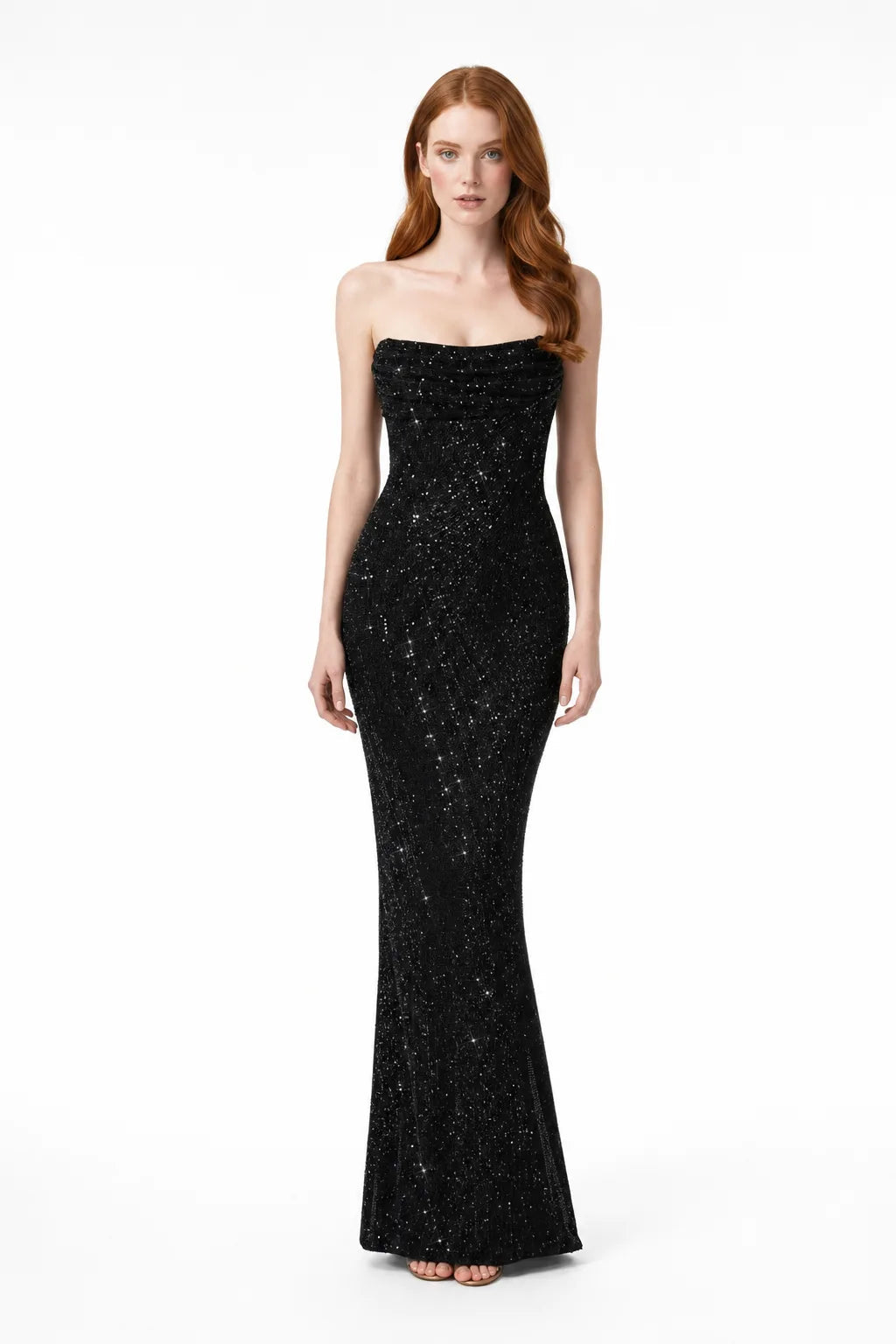 Gaia Crystal Cowl Gown Strapless Floor Length Maxi Dress With Crystal Embellishments