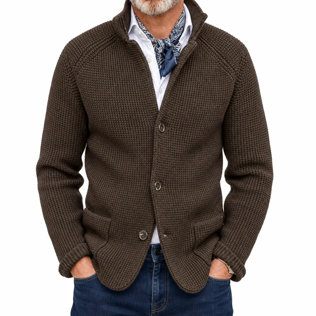 Men's Stand Collar Waffle Knit Cardigan Jacket