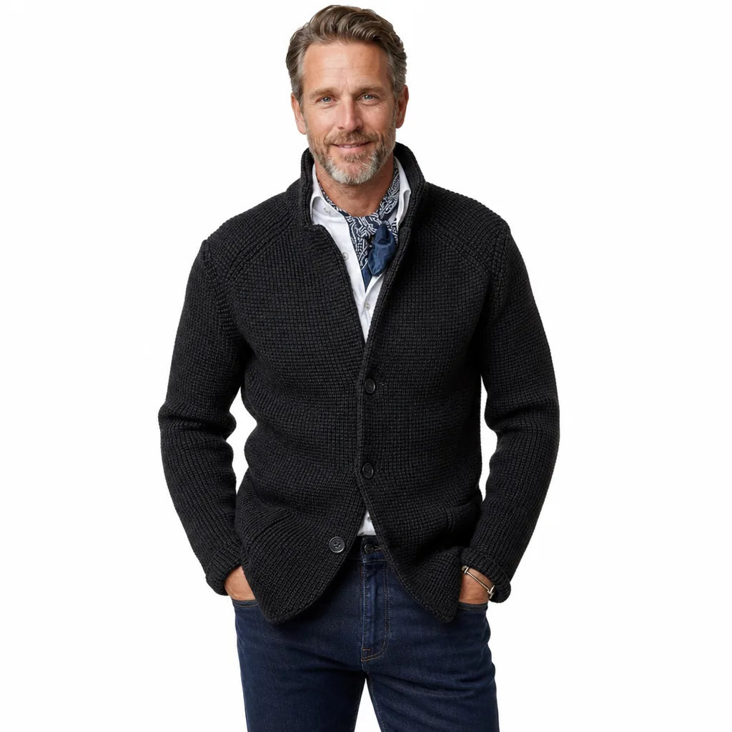 Men's Stand Collar Waffle Knit Cardigan Jacket