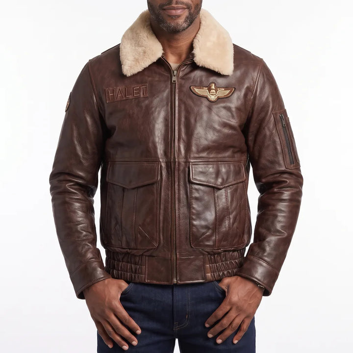 Men's Leather Aviator Flight Jacket Shearling Collar