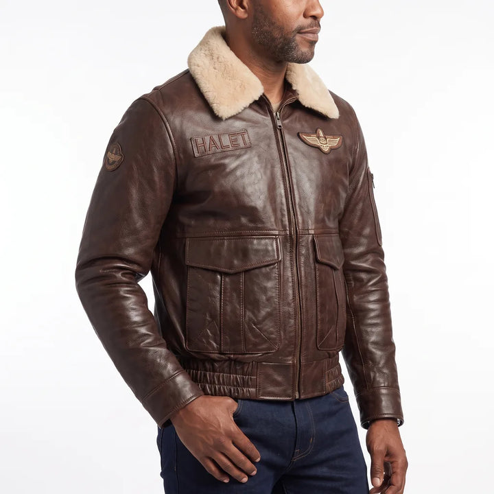 Men's Leather Aviator Flight Jacket Shearling Collar