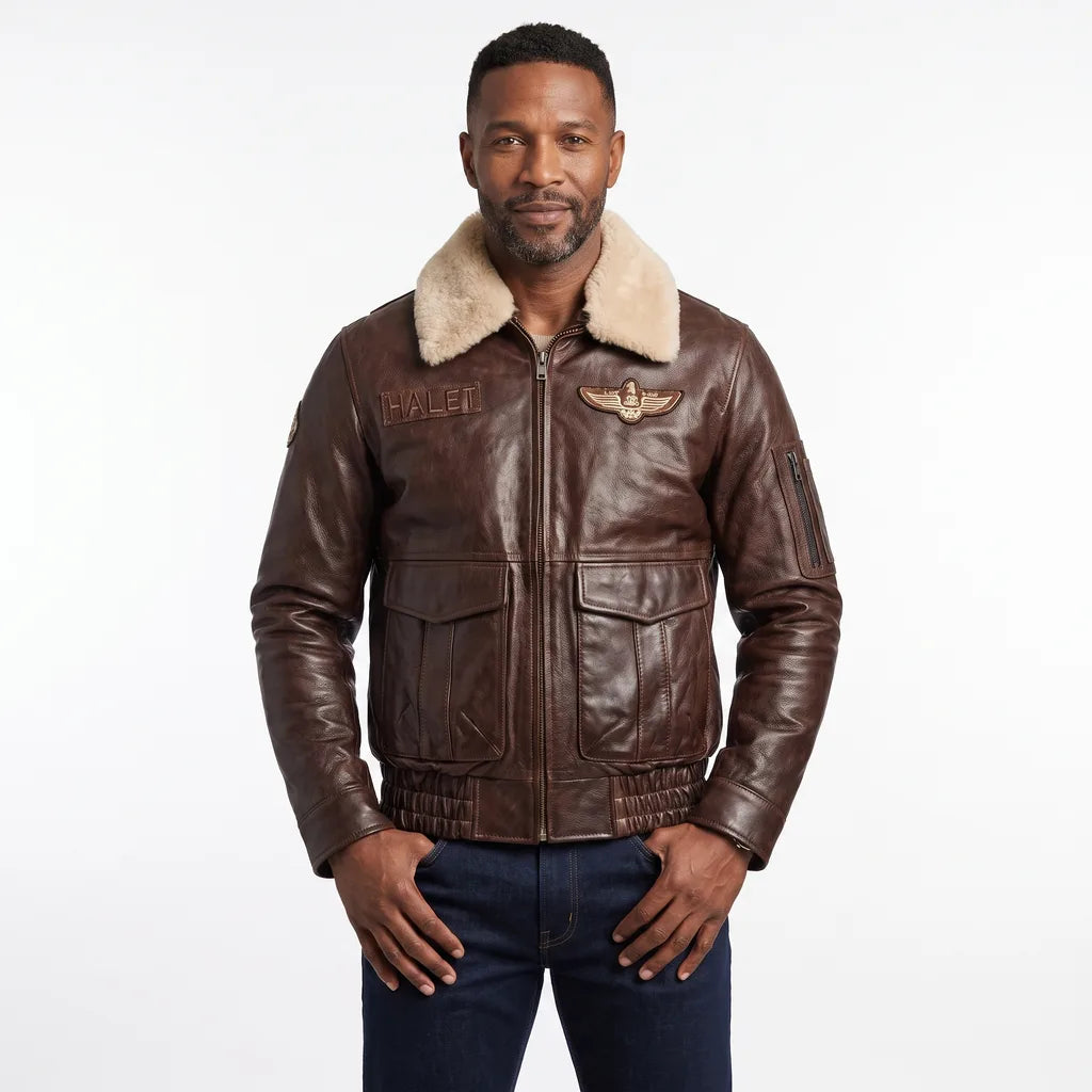 Men's Leather Aviator Flight Jacket Shearling Collar