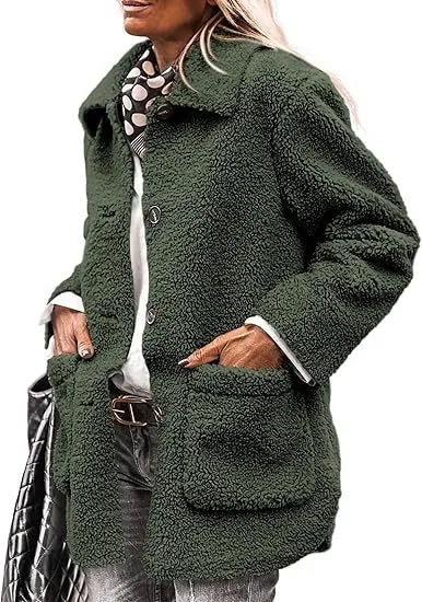 Winter Teddy Coat Women Plush Longline Button Front Coat
