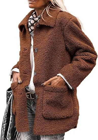 Winter Teddy Coat Women Plush Longline Button Front Coat