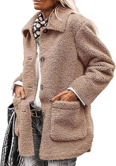 Winter Teddy Coat Women Plush Longline Button Front Coat
