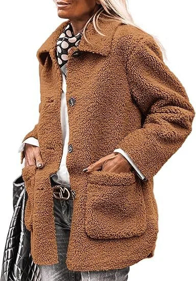 Winter Teddy Coat Women Plush Longline Button Front Coat