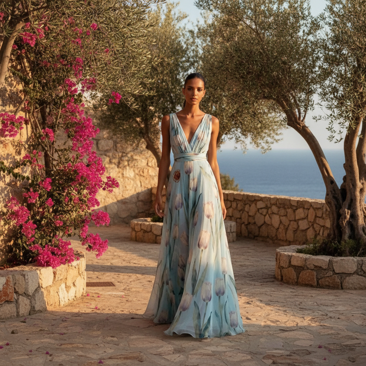 Josephina | Tulip Print V-Neck Maxi Wedding Guest Dress