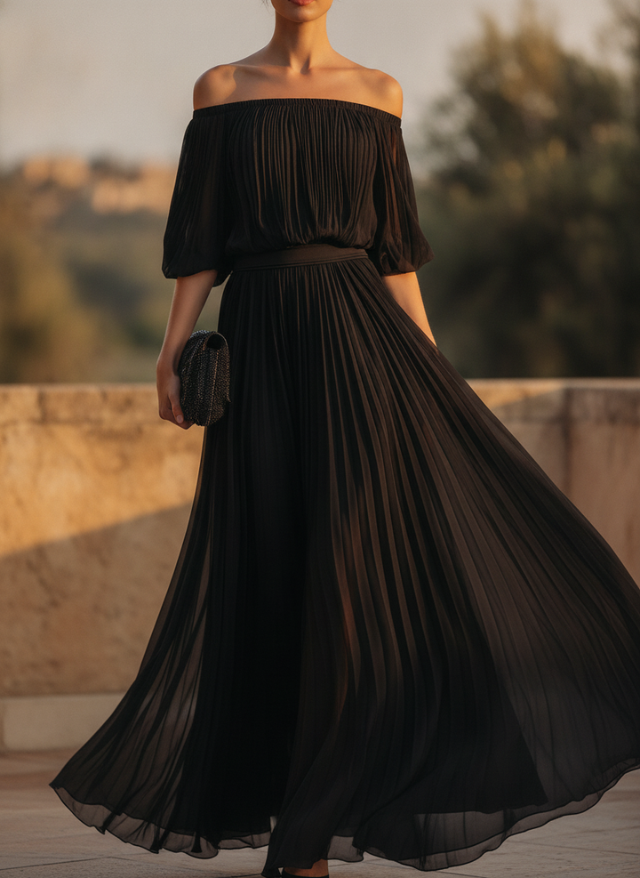 Floriana | Off-Shoulder Pleated Chiffon Maxi Evening Dress