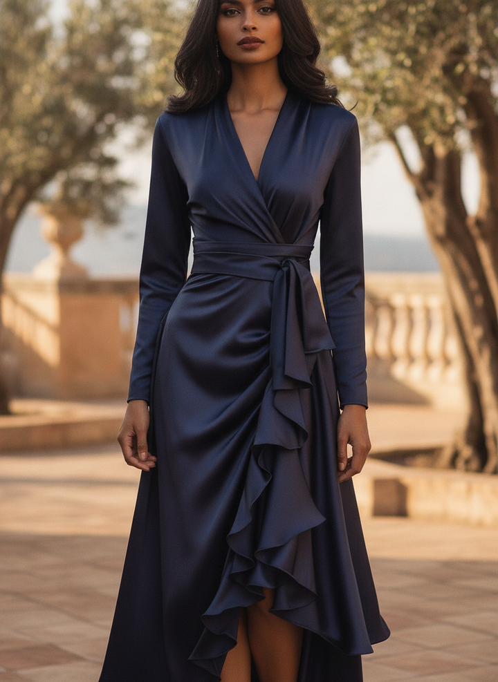 Mirabelles | Pleated Satin Maxi Dress With Ruffle Details